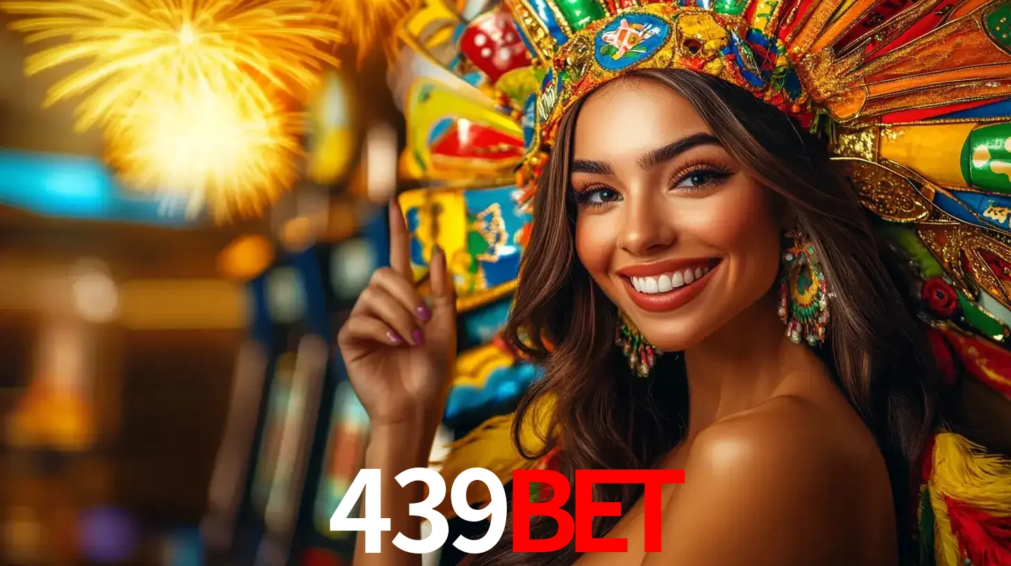 Mulher sorridente com um cocar de carnaval vibrante e colorido, celebrando uma grande vitória nos jogos do cassino 439bet com fogos de artifício ao fundo.
