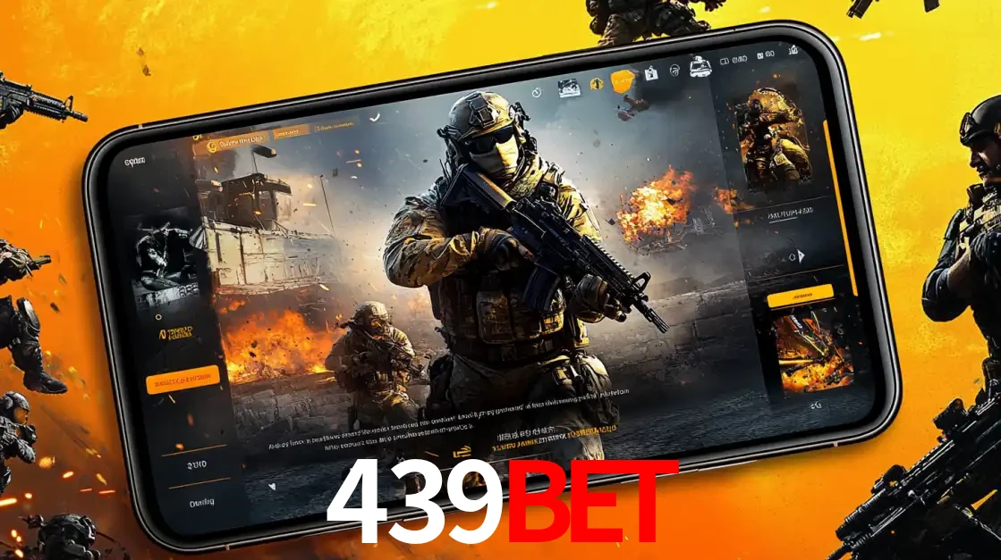 Um smartphone exibindo a interface de um jogo de tiro em primeira pessoa, com um soldado em um cenário de batalha, representando a ação dos e-sports para apostar no 439bet.