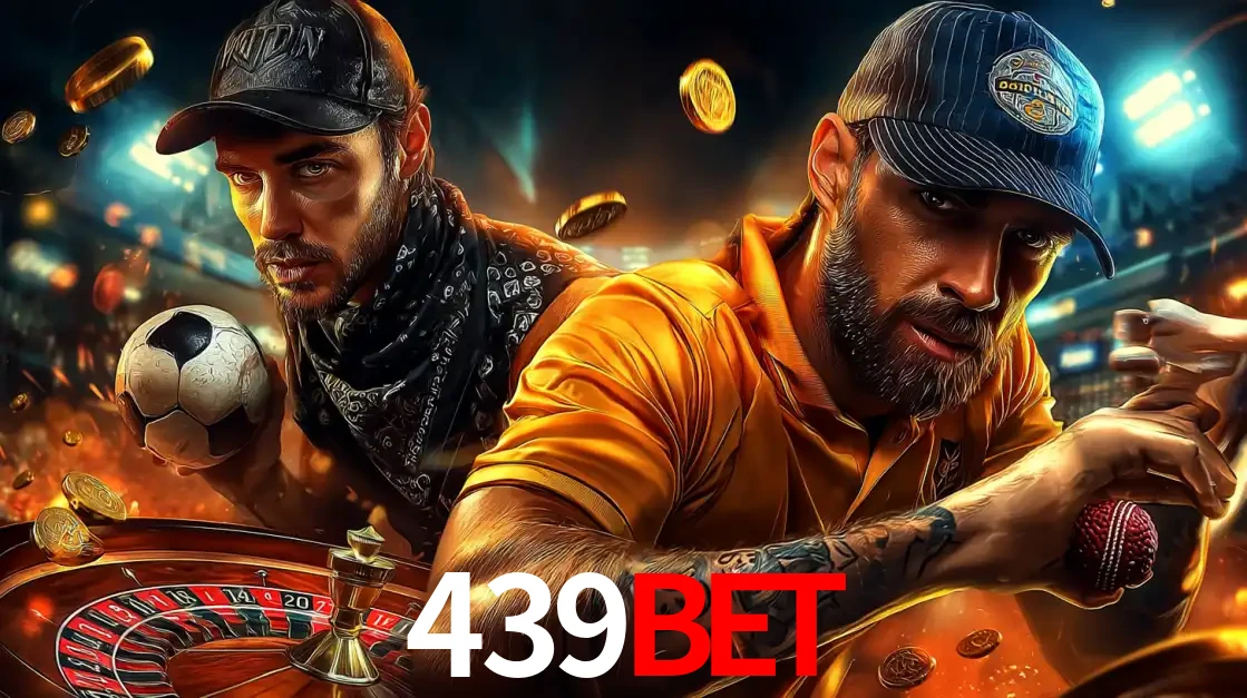Montagem de apostas esportivas e cassino no 439bet, com um homem segurando uma bola de futebol e outro uma de beisebol sobre uma roleta e moedas voadoras.