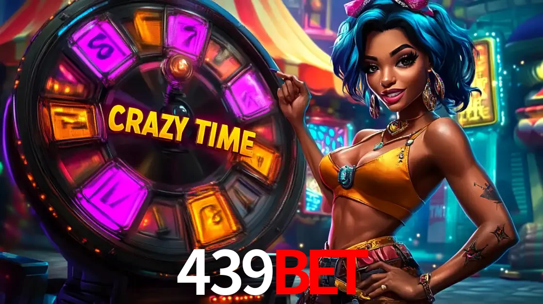 Mulher estilizada com cabelo azul e visual vibrante posando ao lado da roda de prêmios do game show Crazy Time, convidando para a diversão e os bônus do cassino 439bet.