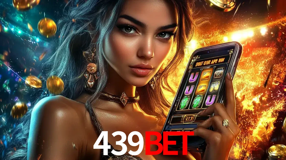 Mulher elegante mostrando um jogo de caça-níqueis em seu smartphone, destacando a experiência de cassino móvel oferecida pelo aplicativo 439bet.